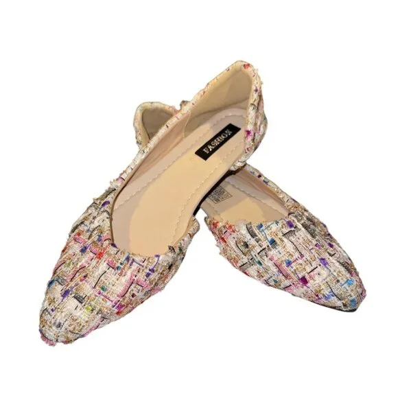 Colorful Tweed Pointed-Toe Flats For Women Fashion Brand Multicolor Slip-On - Picture 5 of 5